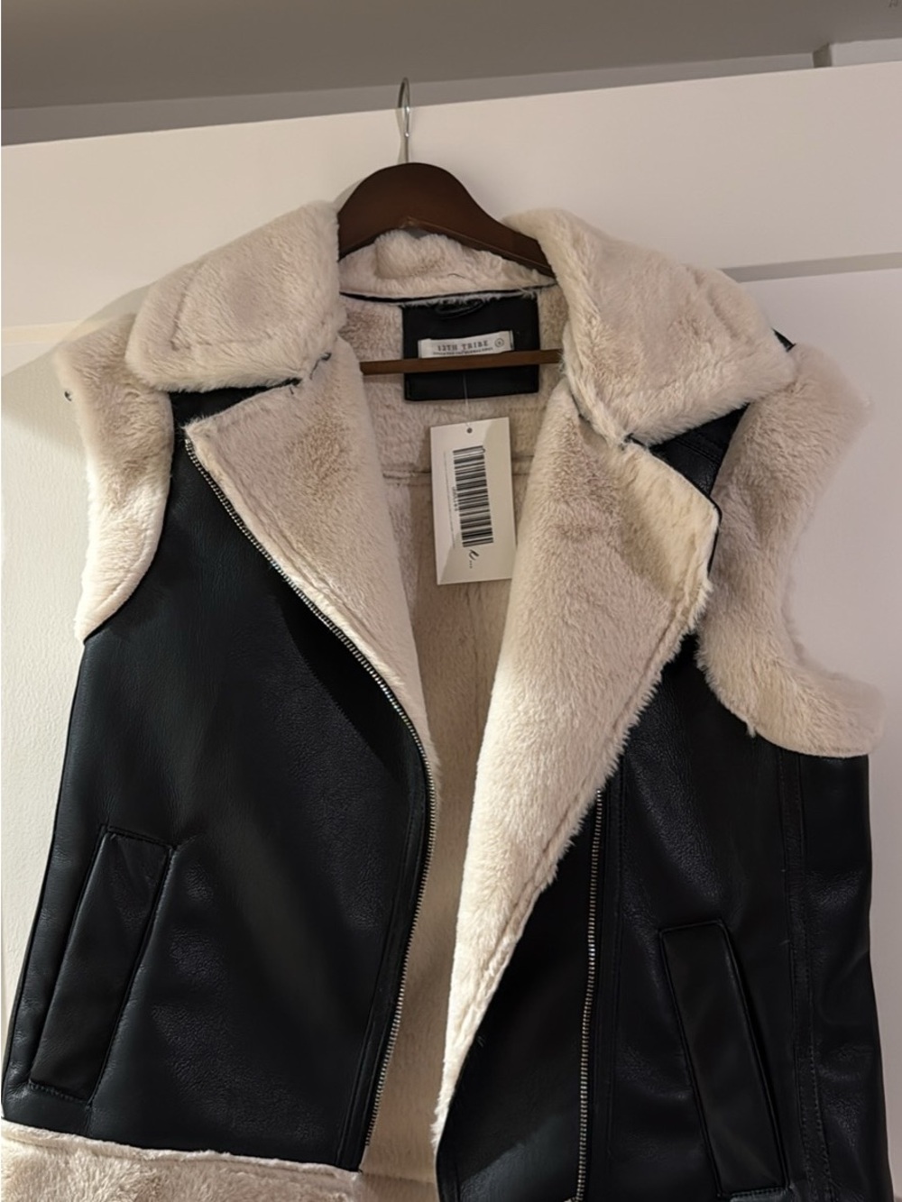 12th Tribe Black Faux Leather Vest with Cream Sherpa Lining